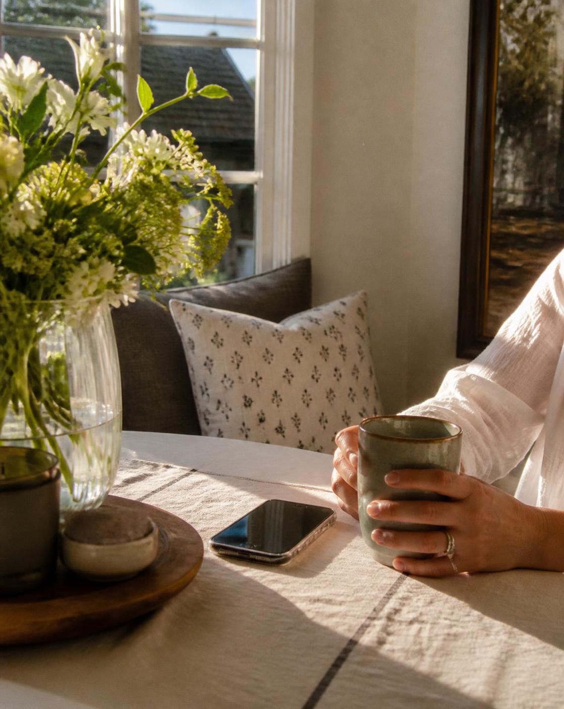 Morning coffee in a sunlit breakfast nook