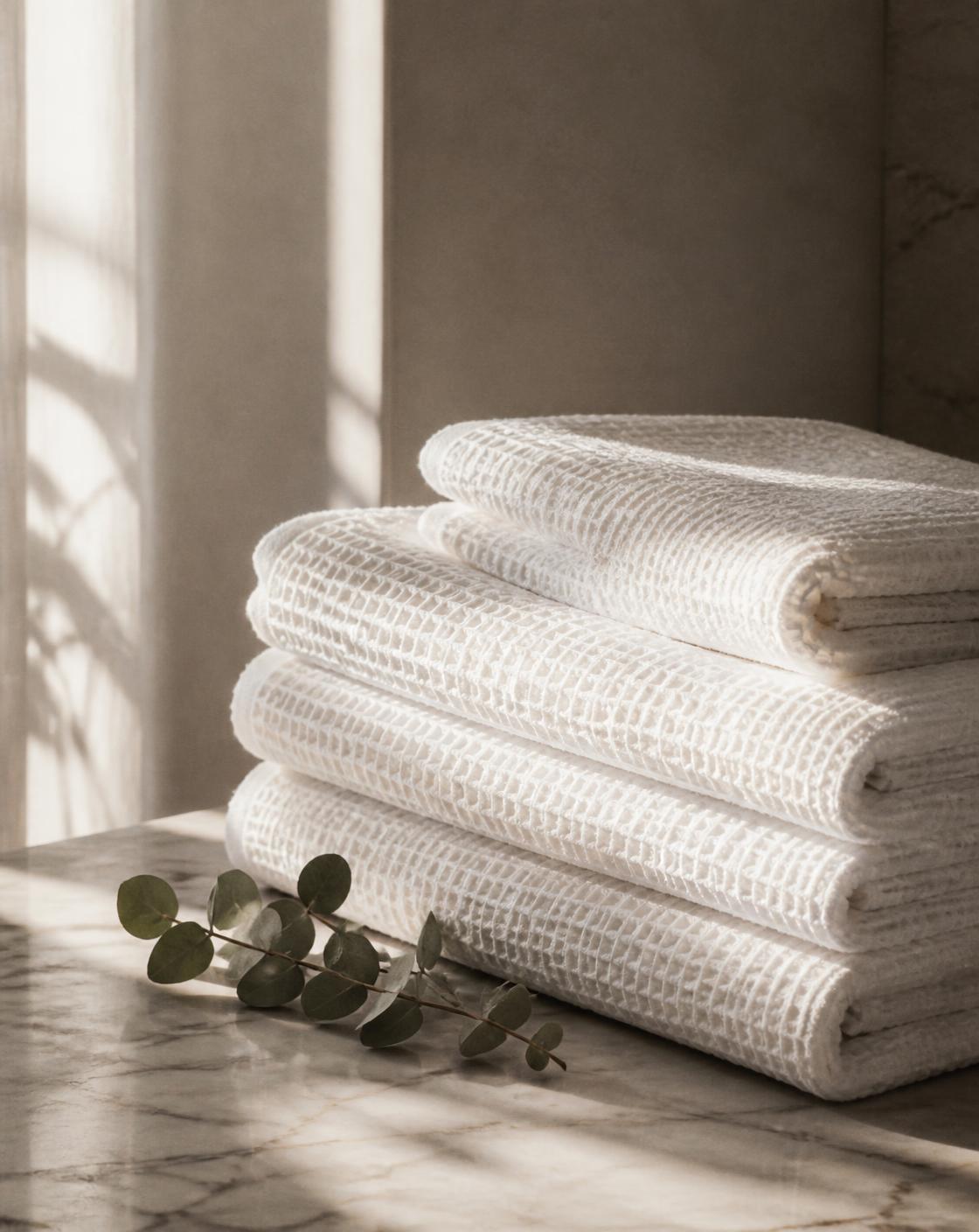 Freshly folded white towels in soft window light